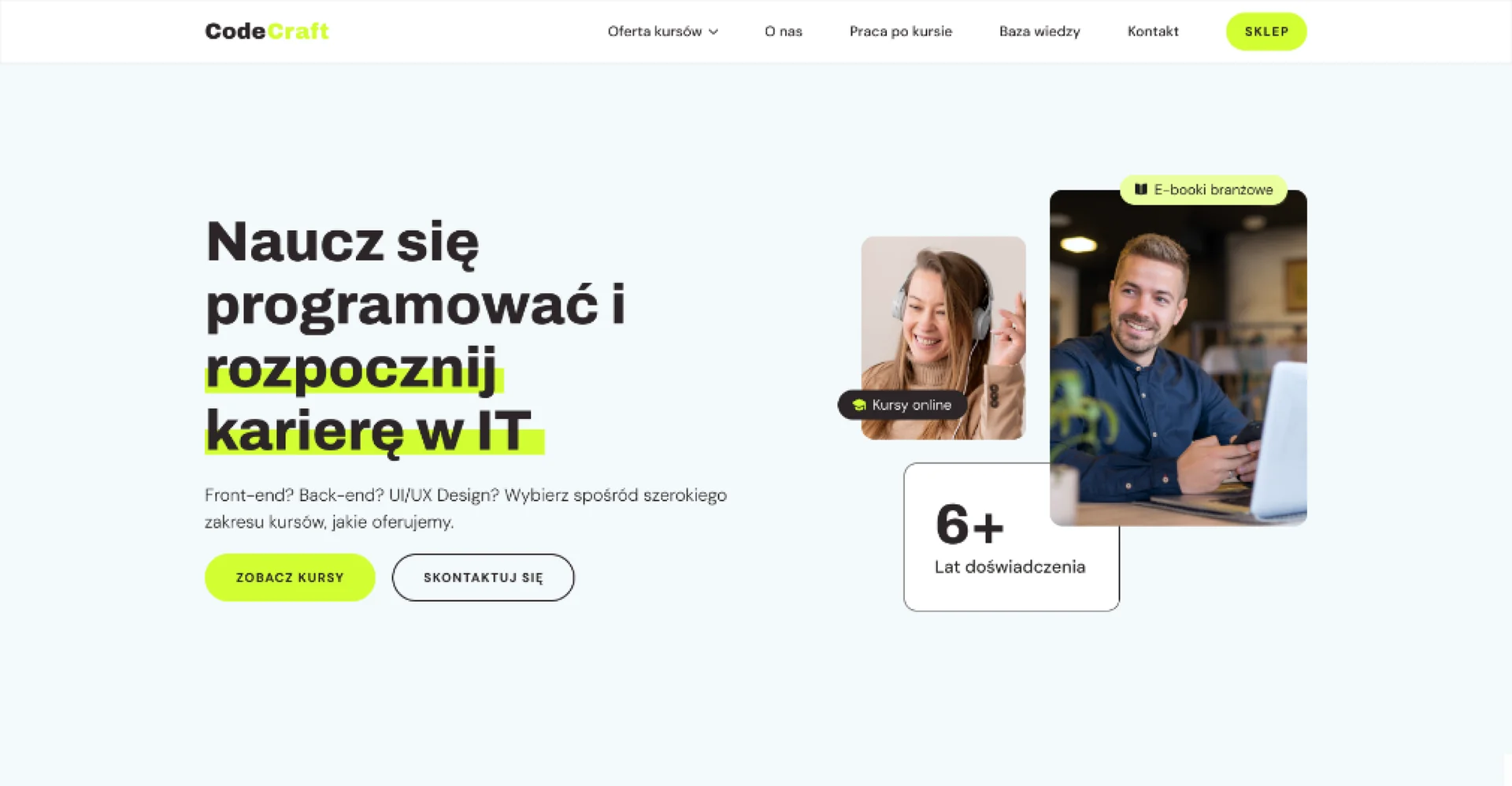 Nagłówek strony CodeCraft z hasłem Naucz się programować i rozpocznij karierę w IT