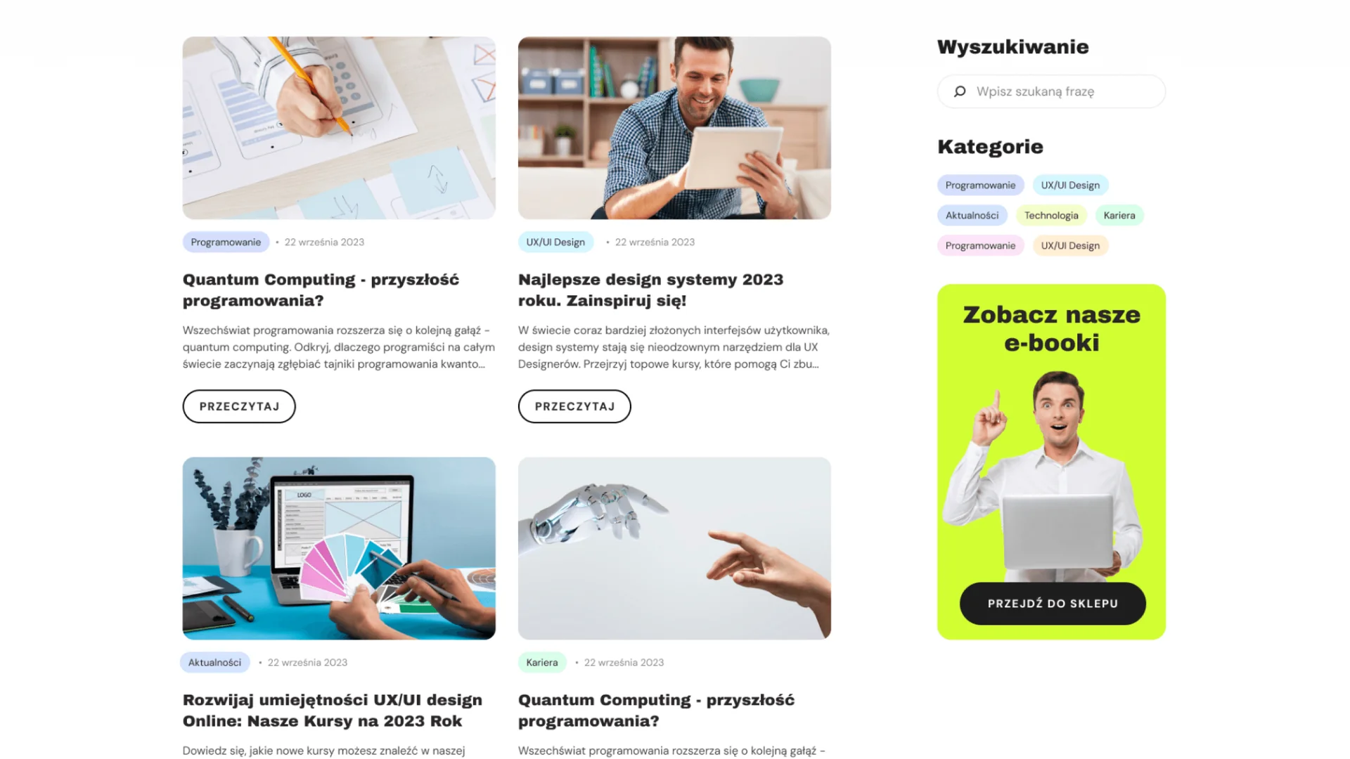 Lista wpisów w bazie wiedzy CodeCraft z kolorowymi tagami i banerem e-booków