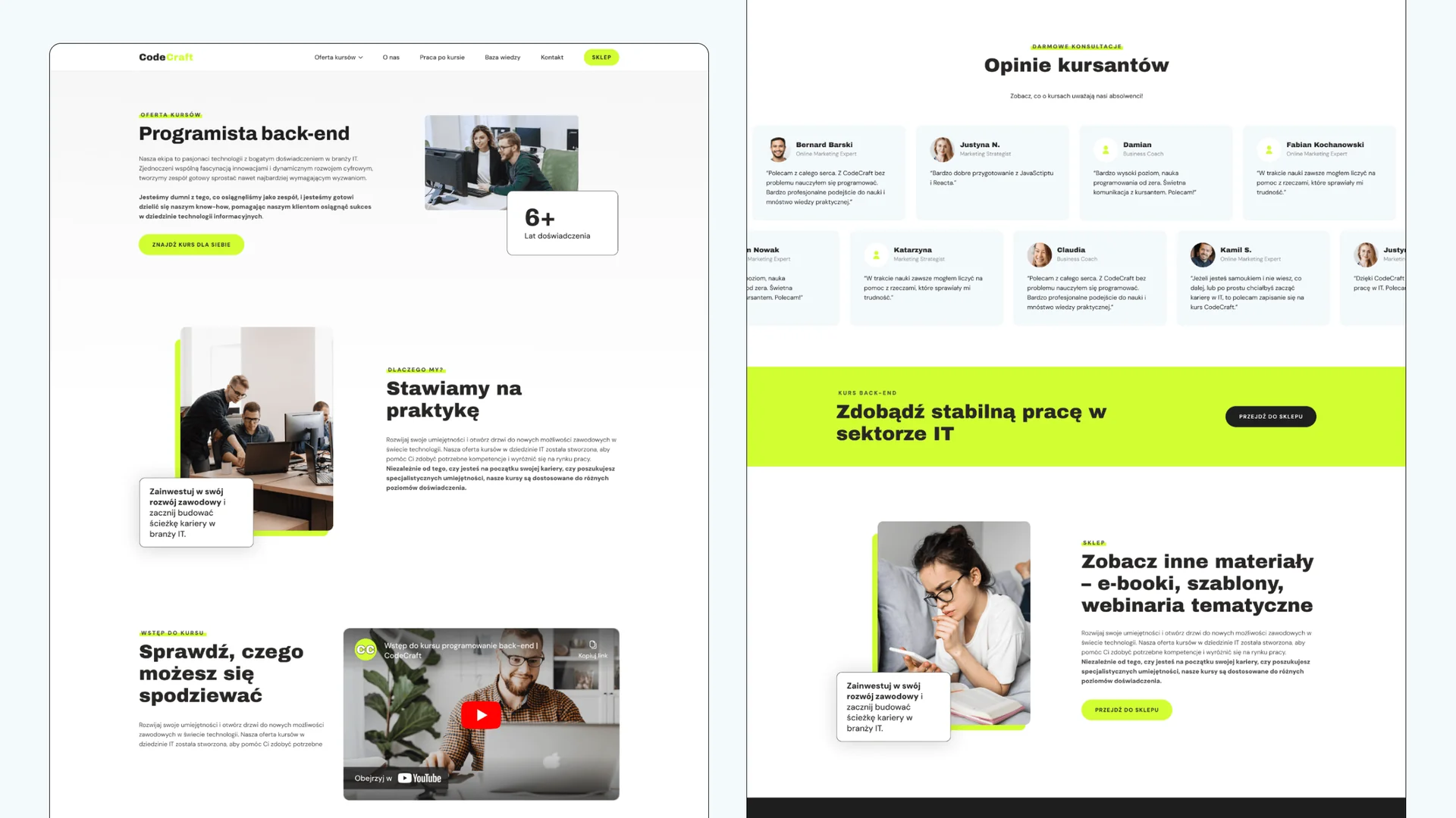 Podstrona kursu Programista back-end i sekcja z opiniami kursantów