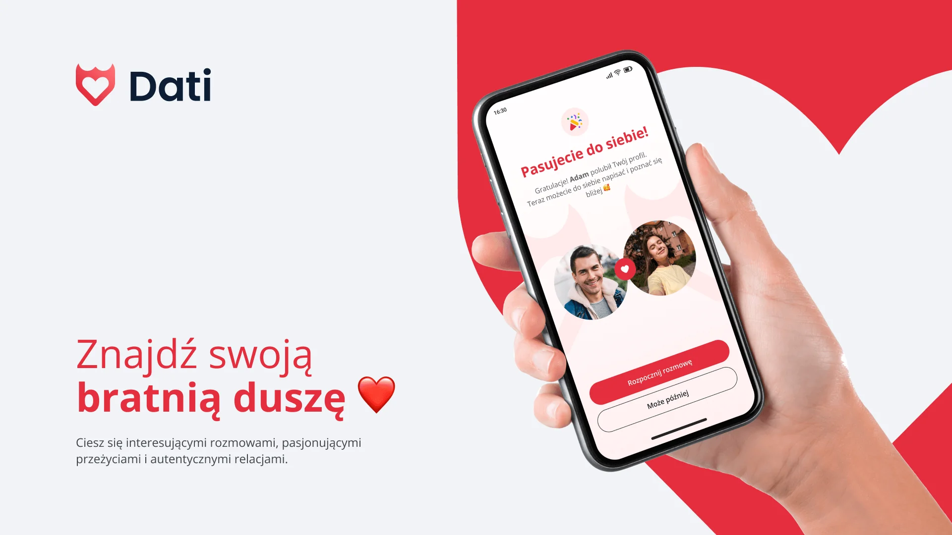 Aplikacja randkowa Dati: logo, hasło Znajdź swoją bratnią duszę i ekran dopasowania na telefonie