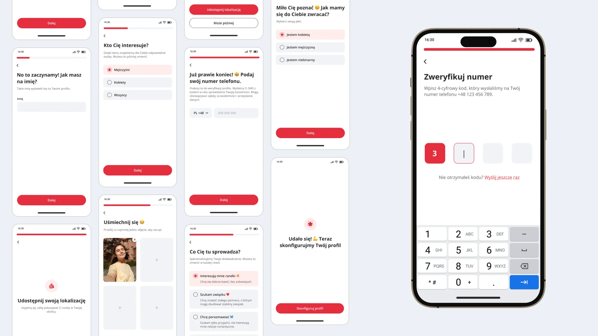 Ekrany rejestracji w Dati: imię, zainteresowania, zdjęcia i weryfikacja numeru telefonu