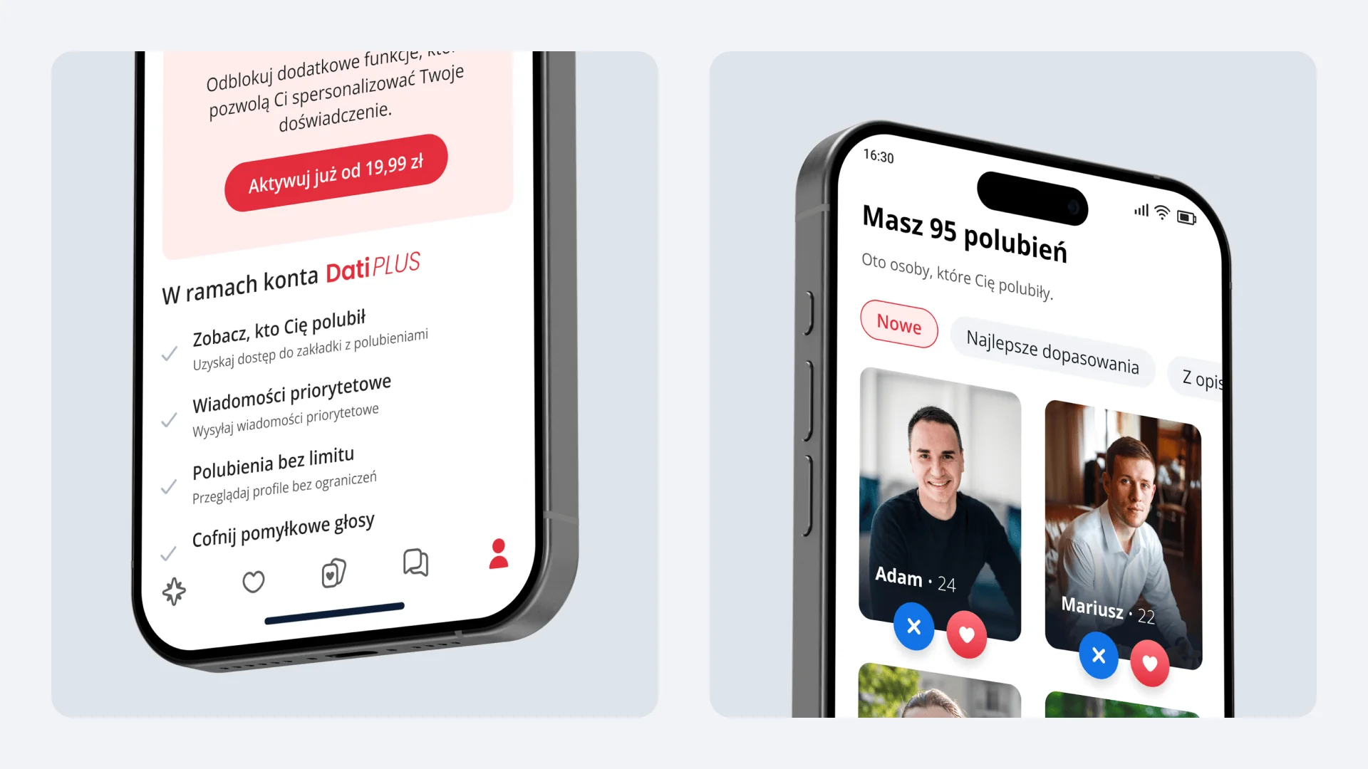 Konto premium DatiPLUS: lista funkcji i ekran z polubieniami