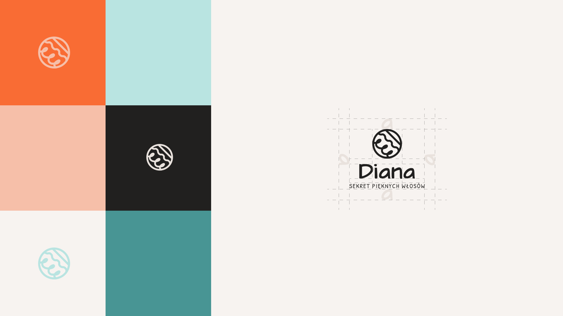 Warianty logo Diana i paleta kolorów: pomarańcz, brzoskwinia, mięta i turkus