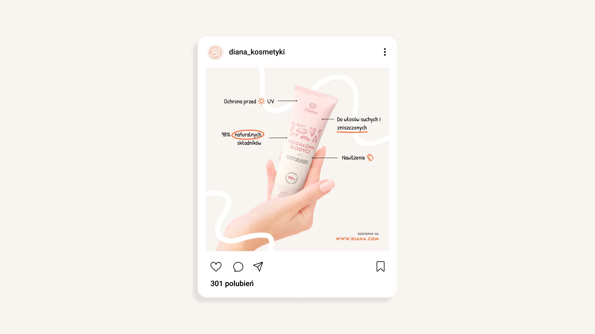 Post Diana na Instagram z opisem właściwości szamponu