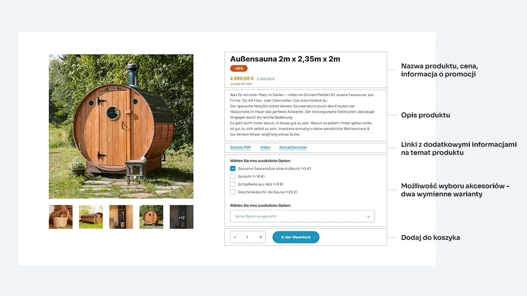 Karta produktu sauny ogrodowej z opisem elementów i wyborem dodatków