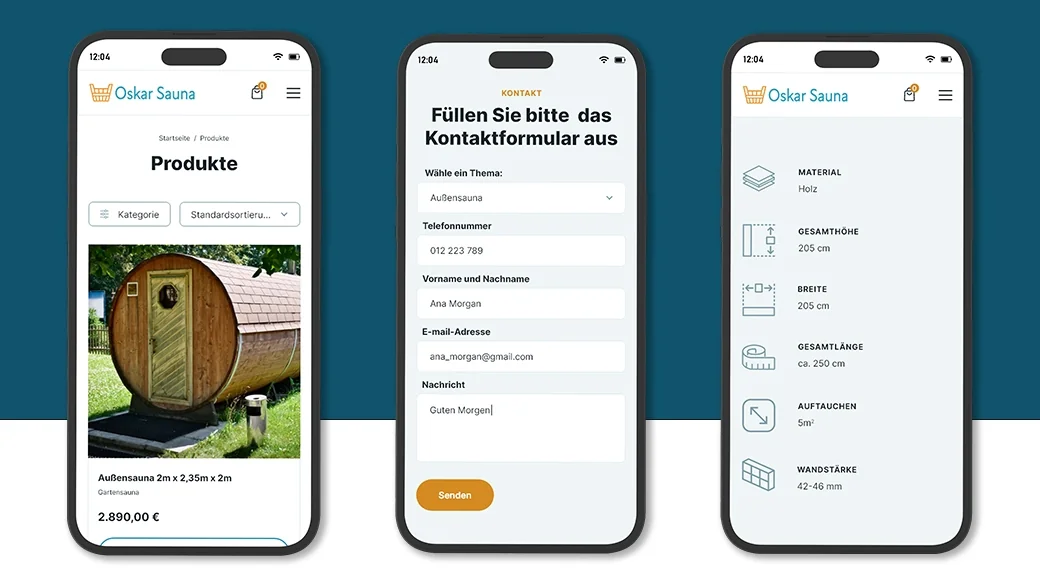 Widoki mobilne Oskar Sauna: lista produktów, formularz kontaktowy i parametry sauny