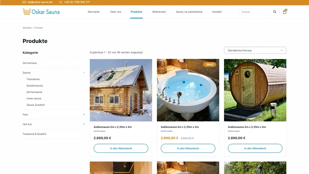 Lista produktów sklepu Oskar Sauna z filtrem kategorii