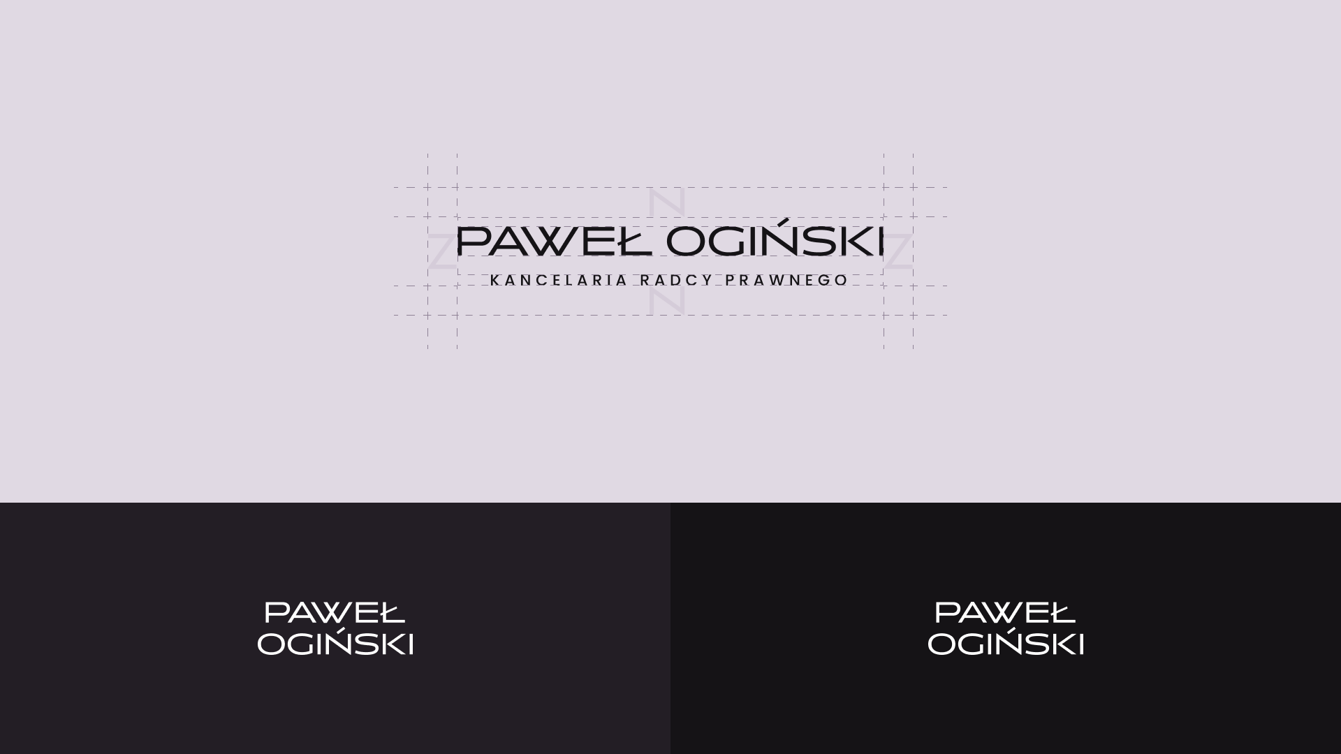 Logotyp kancelarii Paweł Ogiński na siatce konstrukcyjnej i w wersjach na ciemnym tle