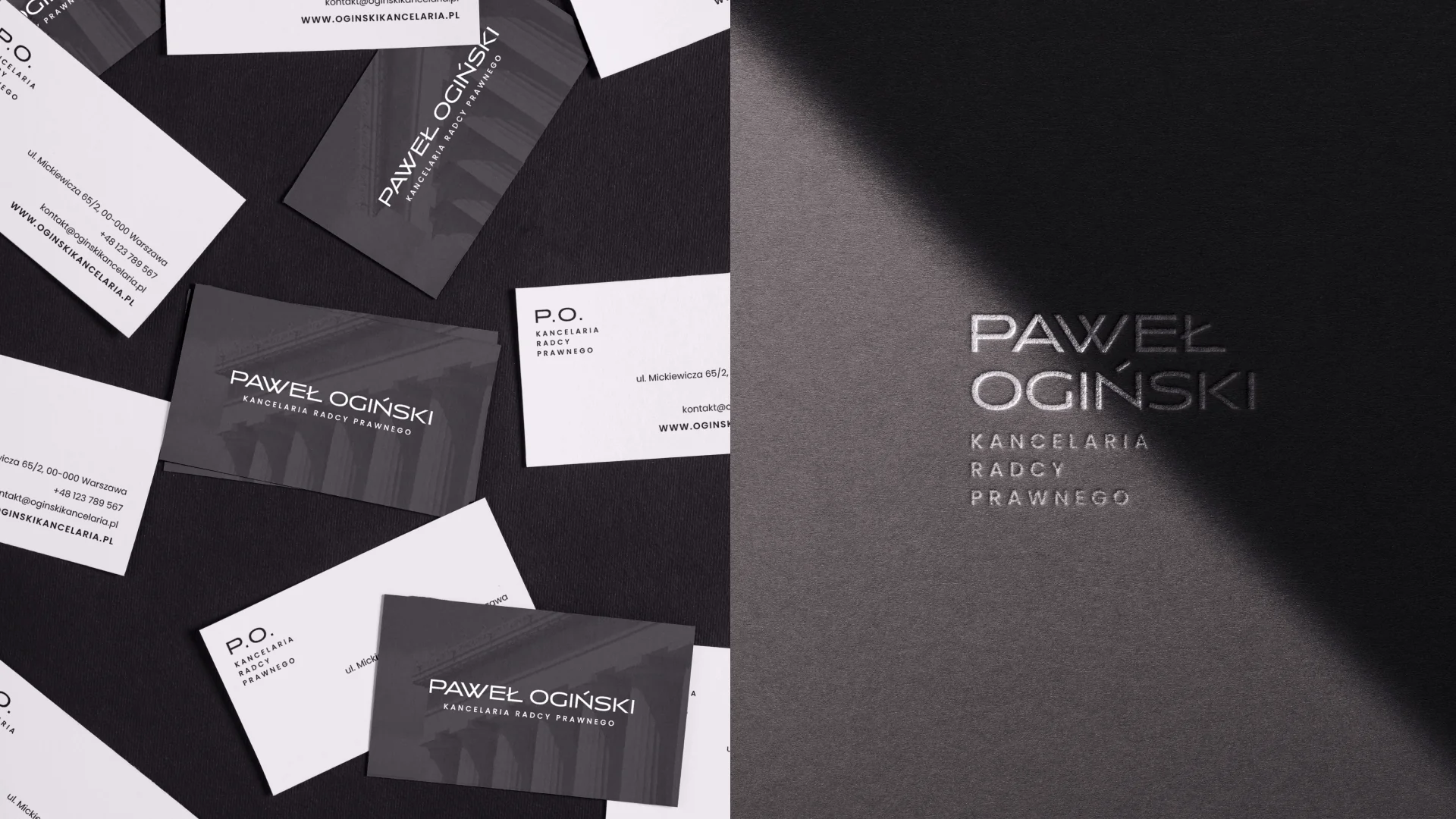 Wizytówki kancelarii Paweł Ogiński i logo wytłoczone na ciemnym papierze