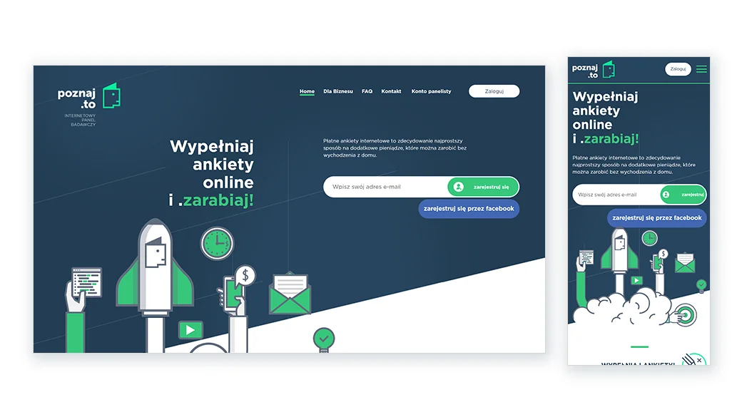 Dotychczasowa strona Poznaj.to z ciemnym tłem w wersji na komputer i telefon