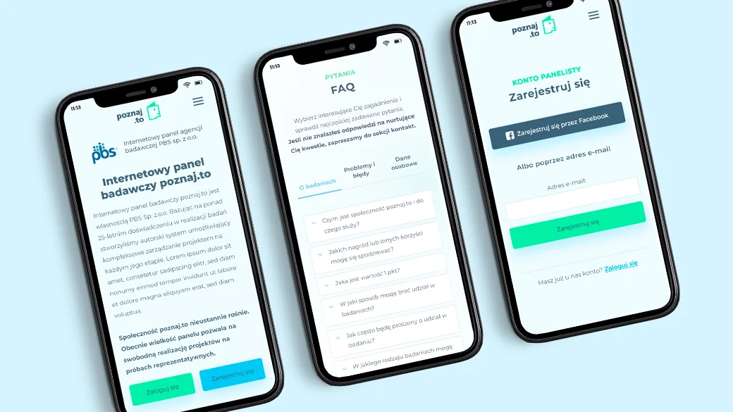 Strona główna, FAQ i rejestracja Poznaj.to na trzech telefonach