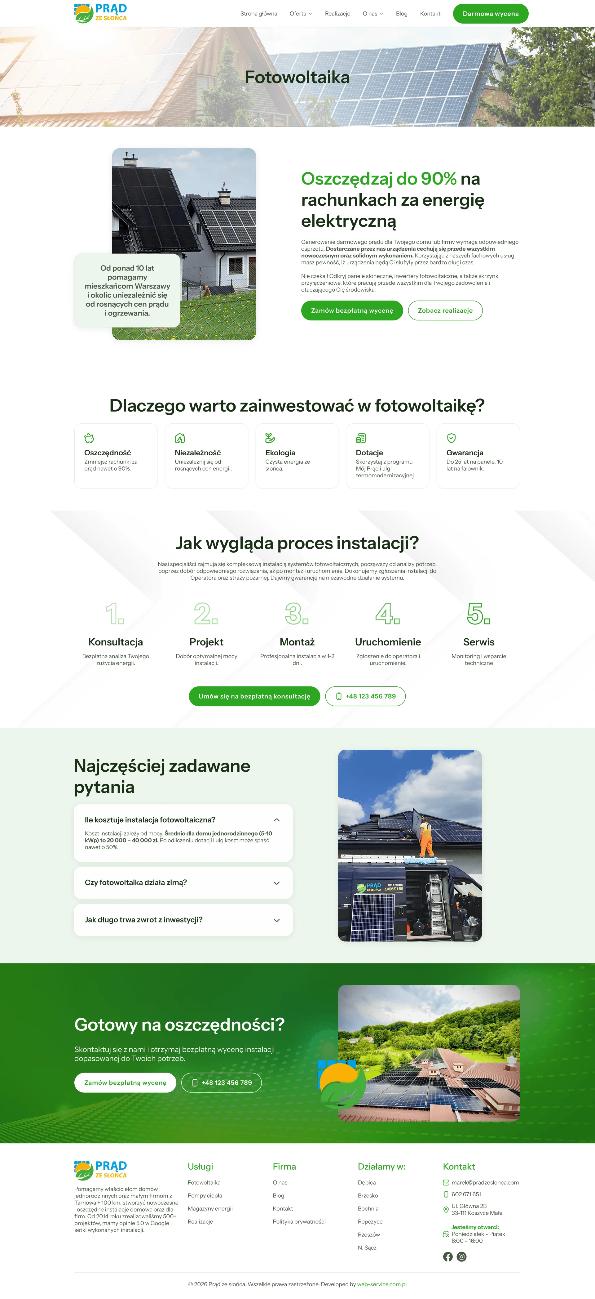 Projekt podstrony Fotowoltaika firmy Prąd ze słońca, widok całej strony